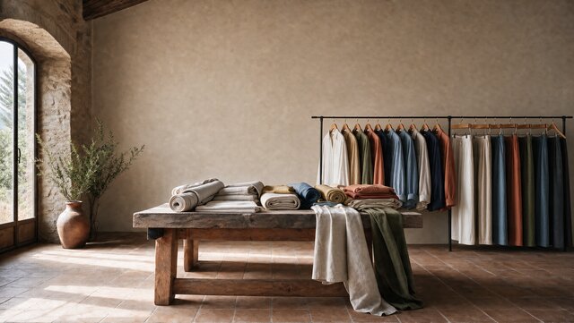 Rustic linen atelier with fabrics and garments in a stone-walled store